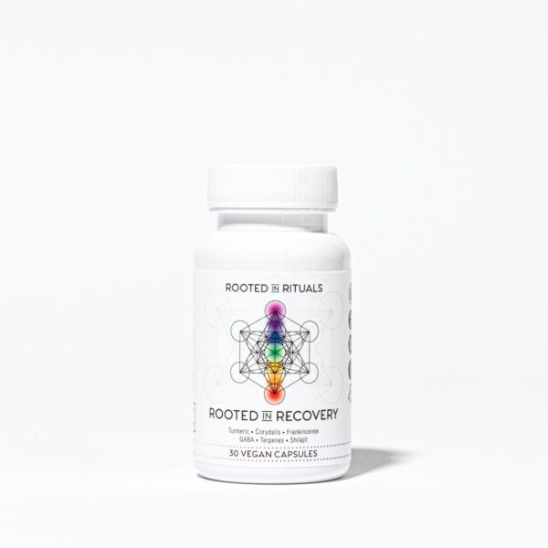 recovery capsule made with supplement made with turmeric, corydalis, frankinsense, GABA, terpenes, Shilajit